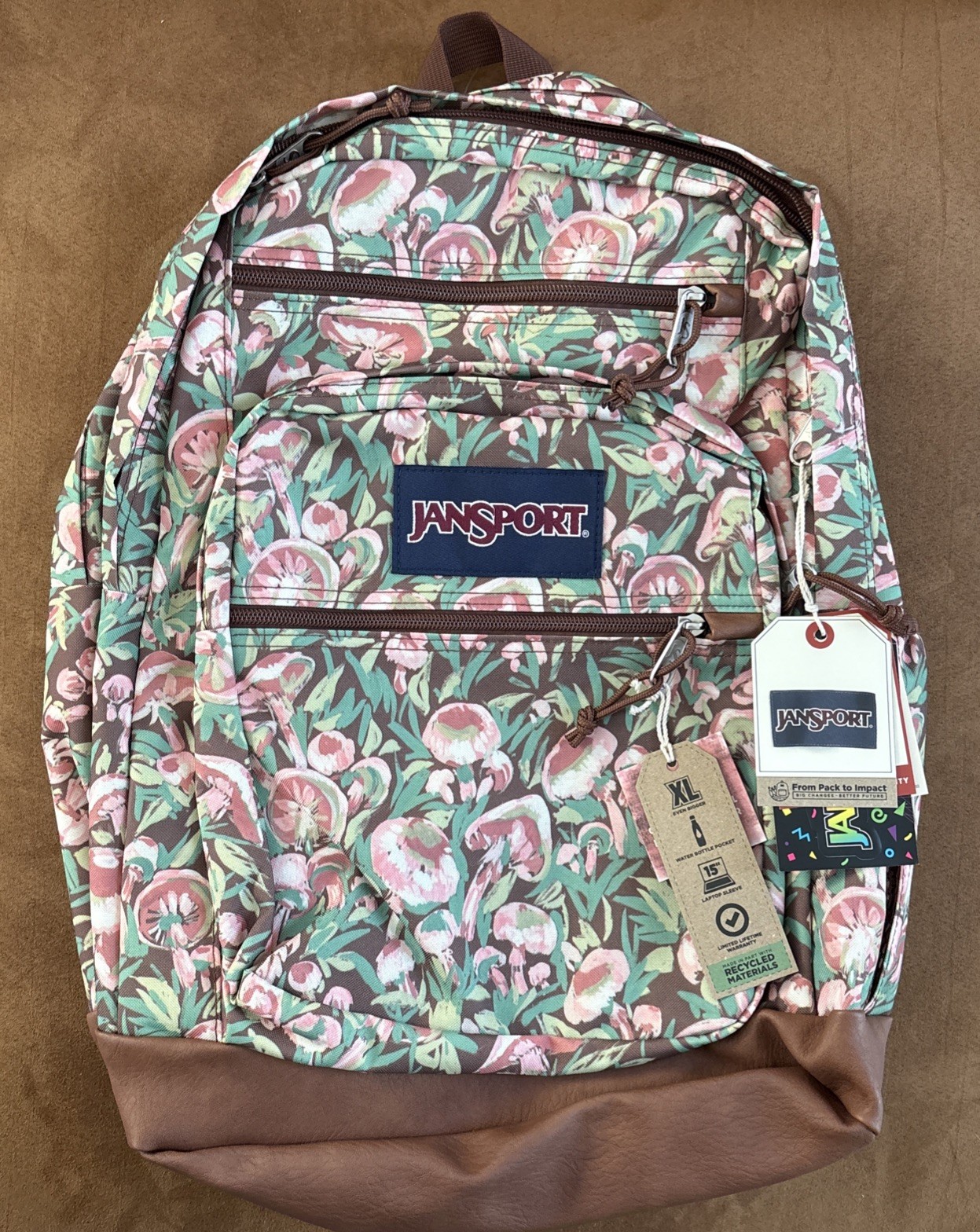 NEW JanSport Cool Student Laptop Backpack - Painterly Mushrooms (17" x 12" x 8")