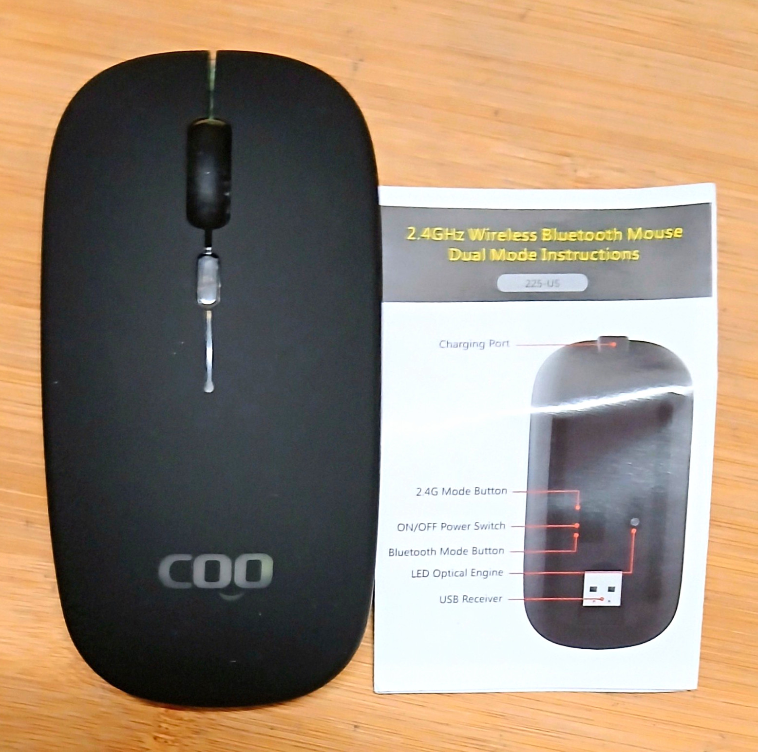 COO Dual Mode Bluetooth Wireless Optical Mouse USB Receiver Rechargeable Black