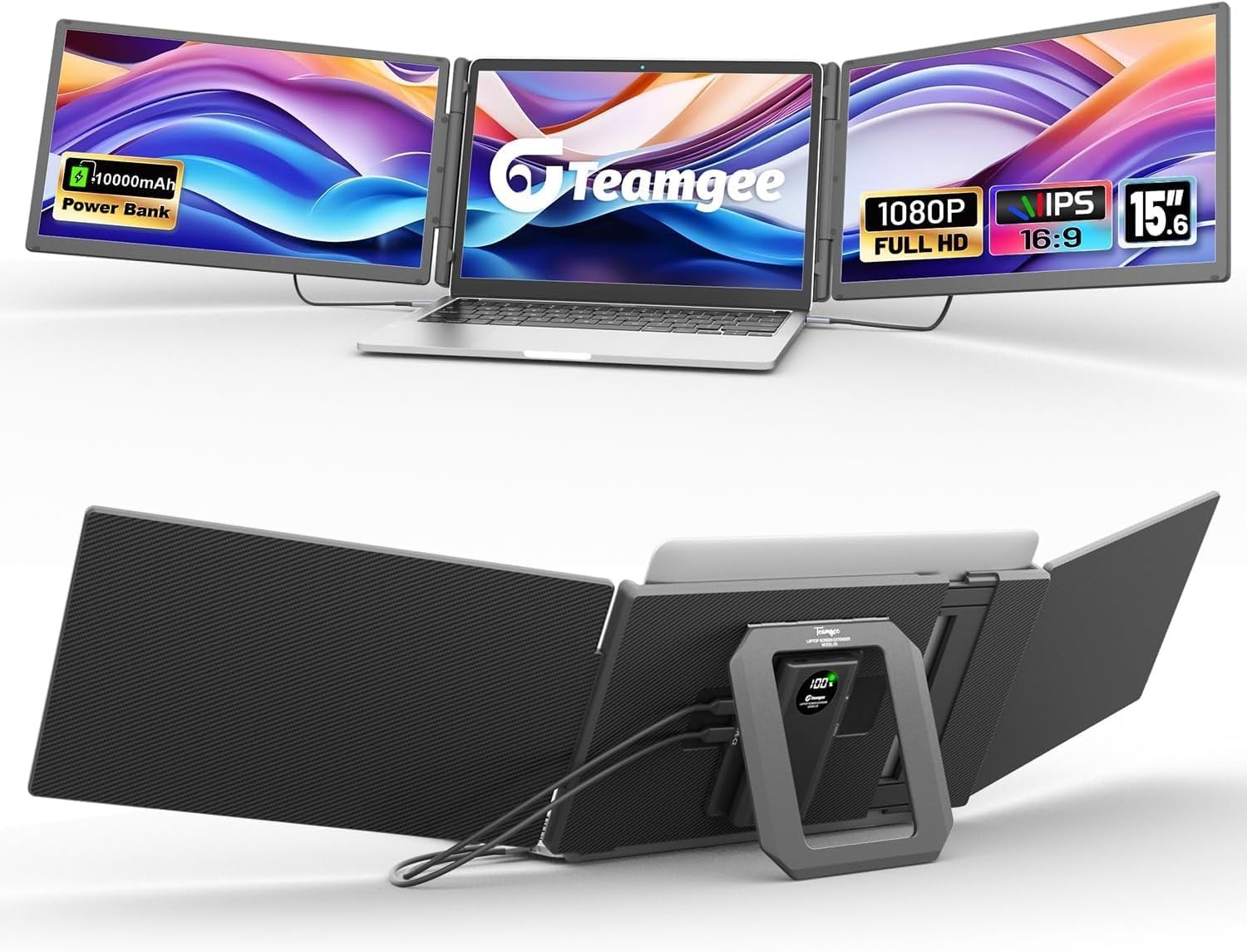 Teamgee 15.6" Laptop Screen Extender with Power Bank, FHD 1080P Triple Black 
