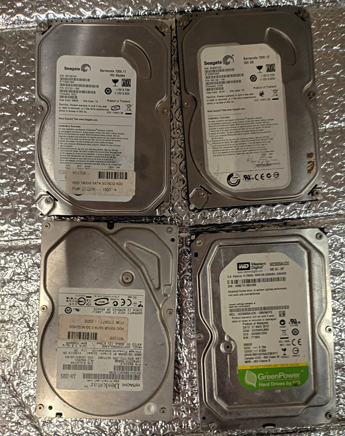 Mixed Brands Lot of 4 3.5" SATA Internal HDDs 7200RPM Mixed Capacities
