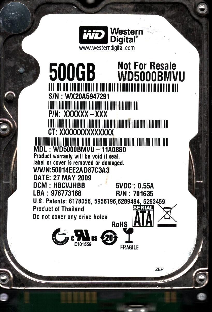 WD5000BMVU-11A08S0 S/N:WX20A DCM:HBCVJHBB WESTERN DIGITAL 500GB THAILAND MAY2009