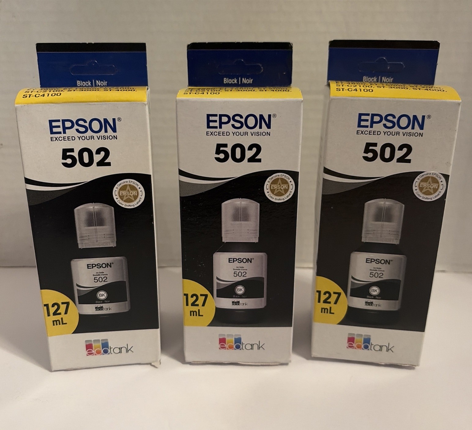 3 NEW Epson 502 Black EcoTank Ink Bottles– 127ml, Genuine OEM, Sealed (3 Boxes)
