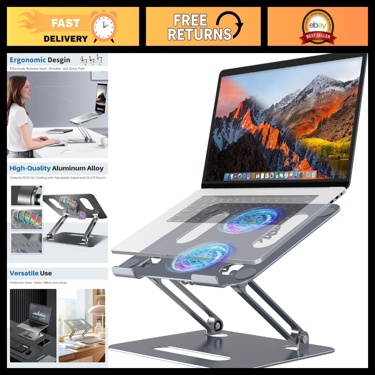 Adjustable Laptop Cooling Stand with 2 Quiet Fans, RGB Lighting, Ergonomic Desig