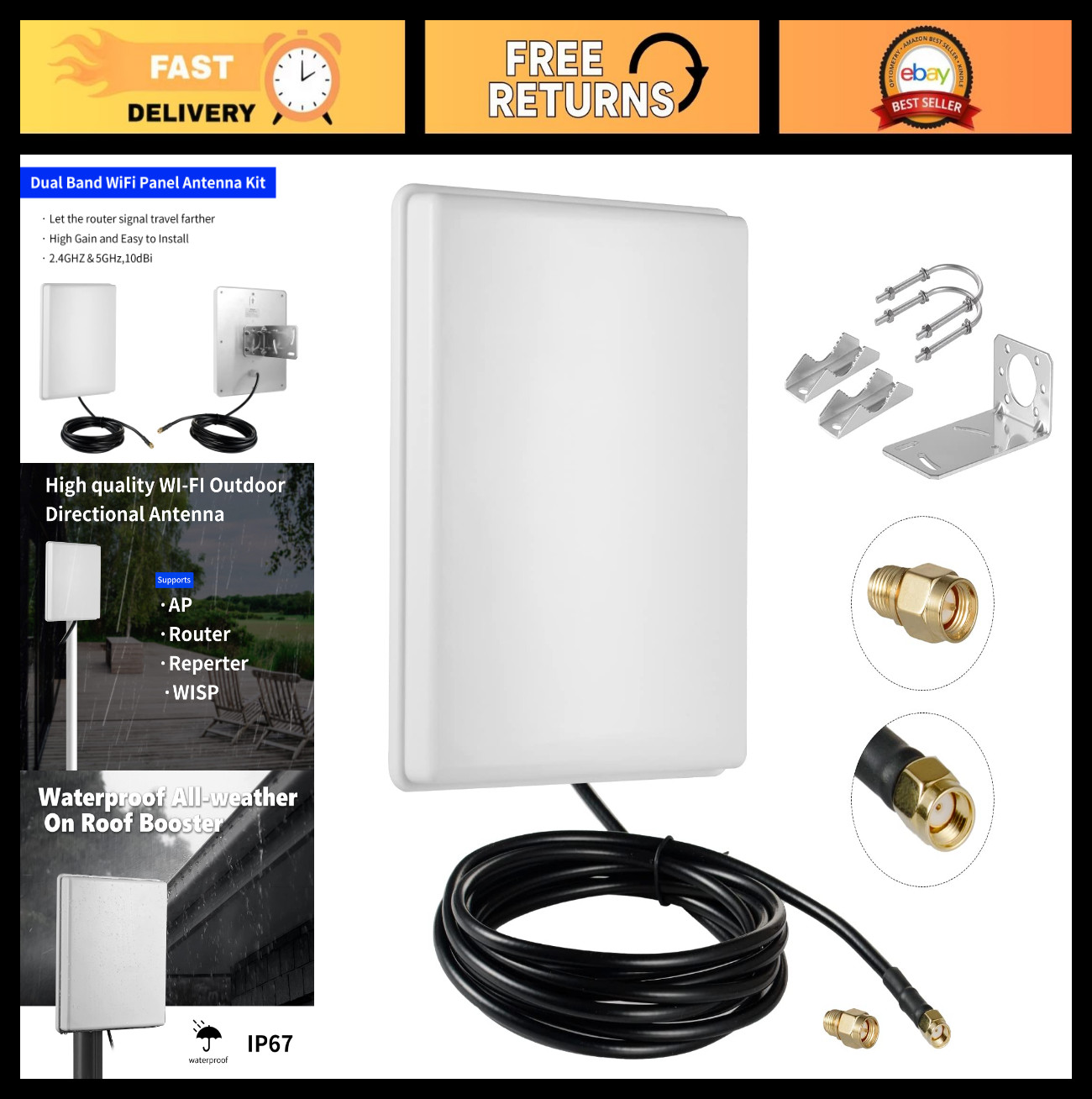 15dBi Dual Band Outdoor WiFi Antenna 2.4GHz 5GHz Long-Range with 10Ft Cable for