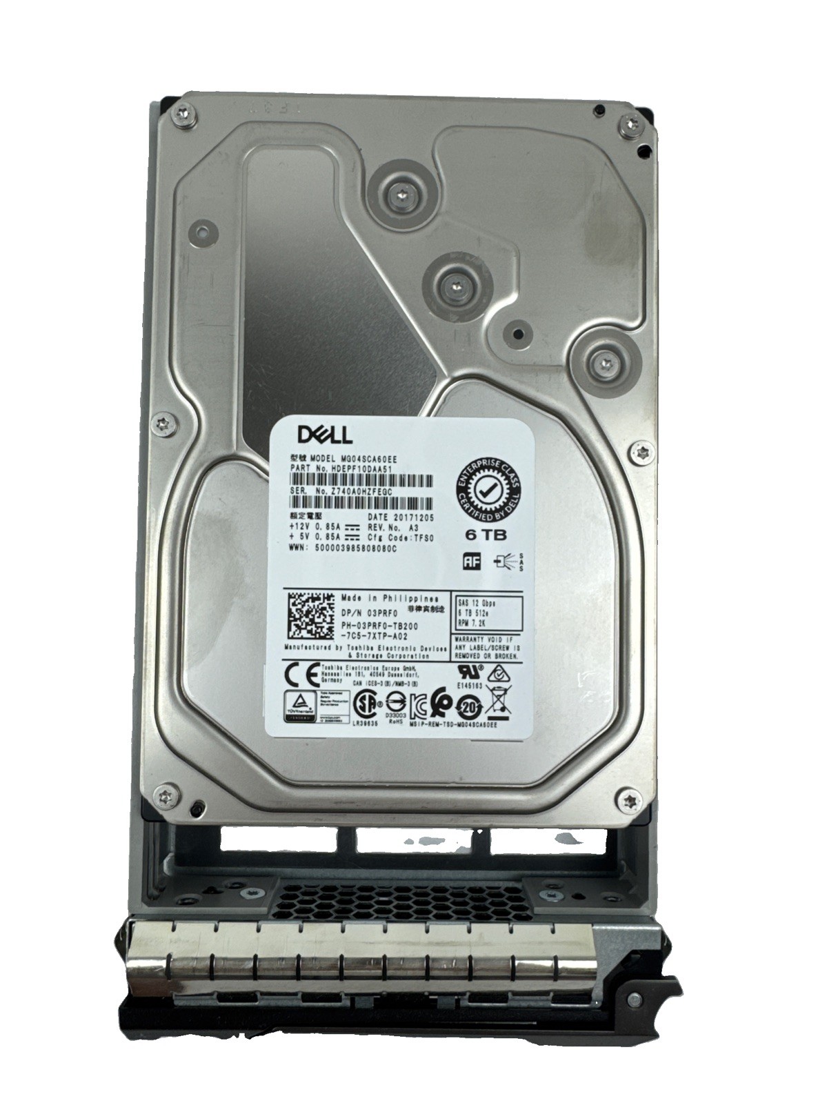 Dell Toshiba 6TB Enterprise HDD 3.5" SAS 12Gb/s 7200RPM MG04SCA60EE With Cady