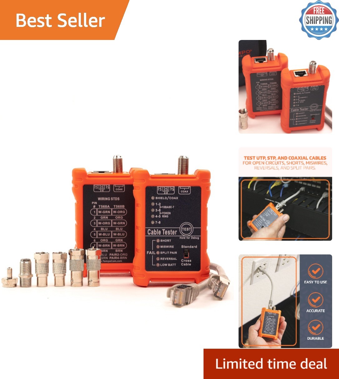 Complete LAN & Coaxial Cable Testing Kit – Tester, Cords, and Adapters Included