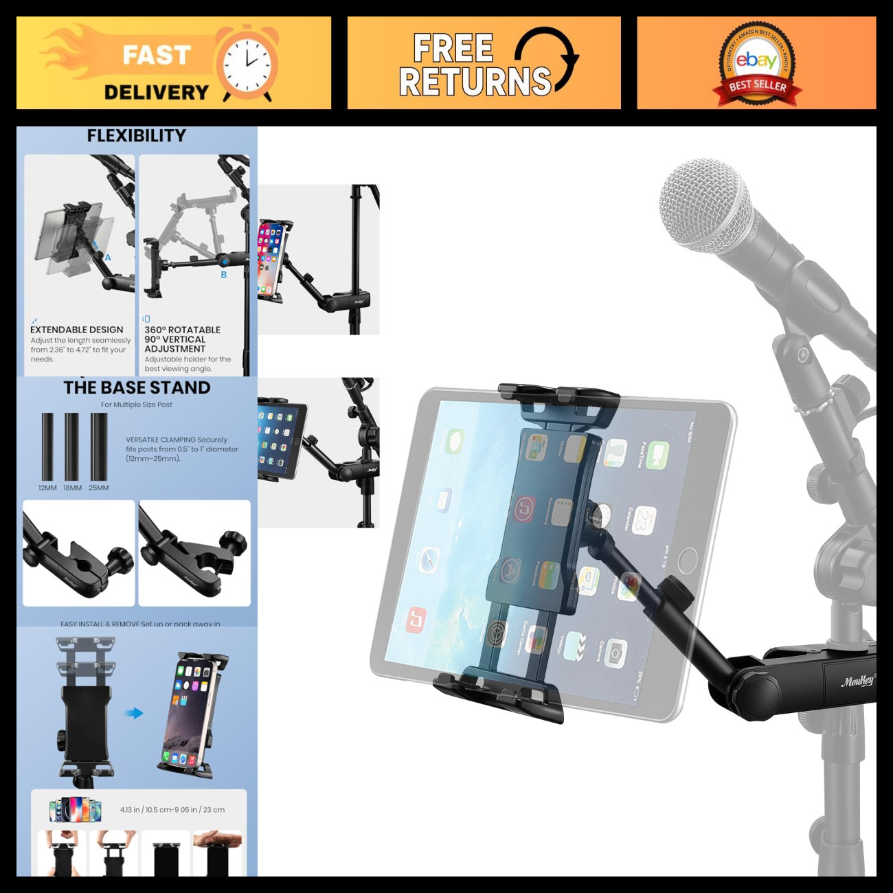 Adjustable Tablet Holder Clip-on Phone Mount for Mic Stand - Fits 4.7-12.9" Devi