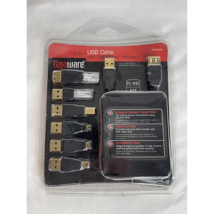 NEW GIGAWARE 6-IN-1 USB CABLE WITH GOLD PLATED ADAPTERS-PC-MAC-2602045