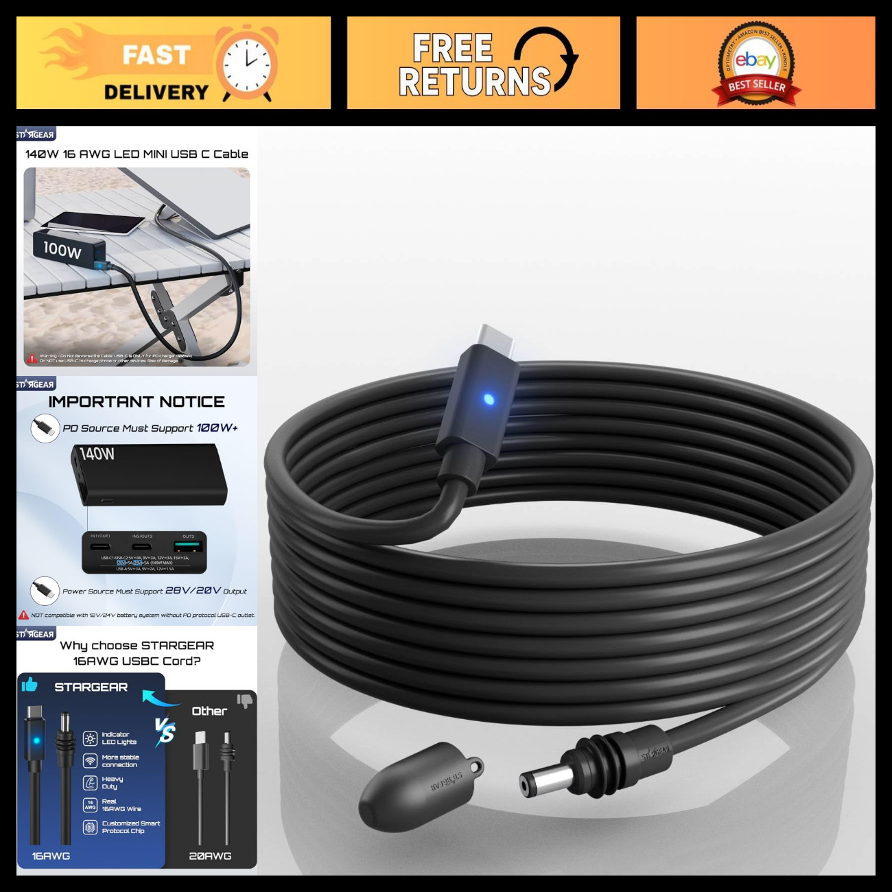 16.4FT Starlink Mini Cable, 16AWG USB C to DC Power Cable for High-Power Devices