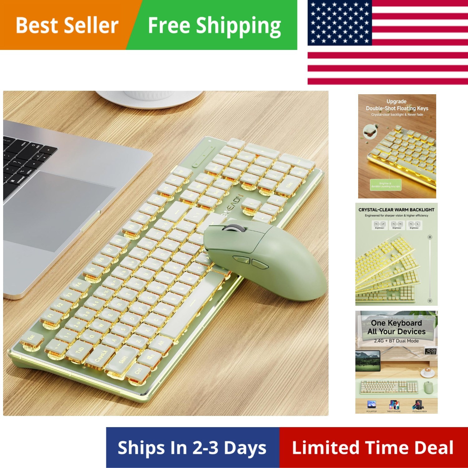 V3 Wireless Keyboard and Mouse Combo, Bluetooth/2.4G Rechargeable Light up Qu...