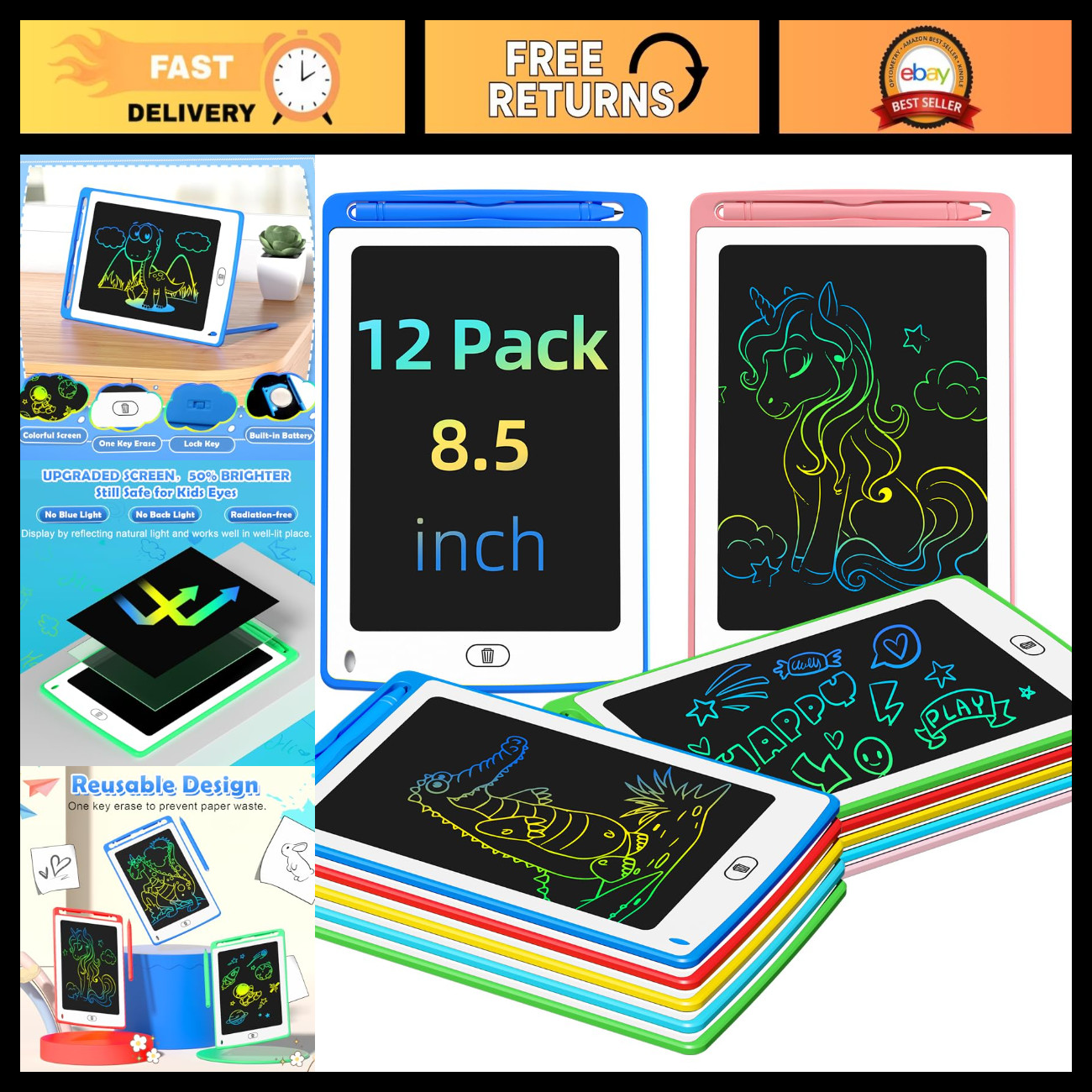 Colorful 8.5" LCD Writing Tablet Doodle Board - Educational Party Favors, 12 Pac