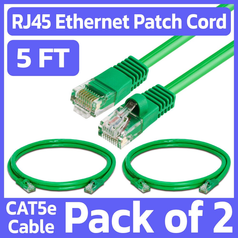 2 Pack Cat5e Cable Green 5FT Lan Ethernet Patch Cord Network Internet Wire RJ45