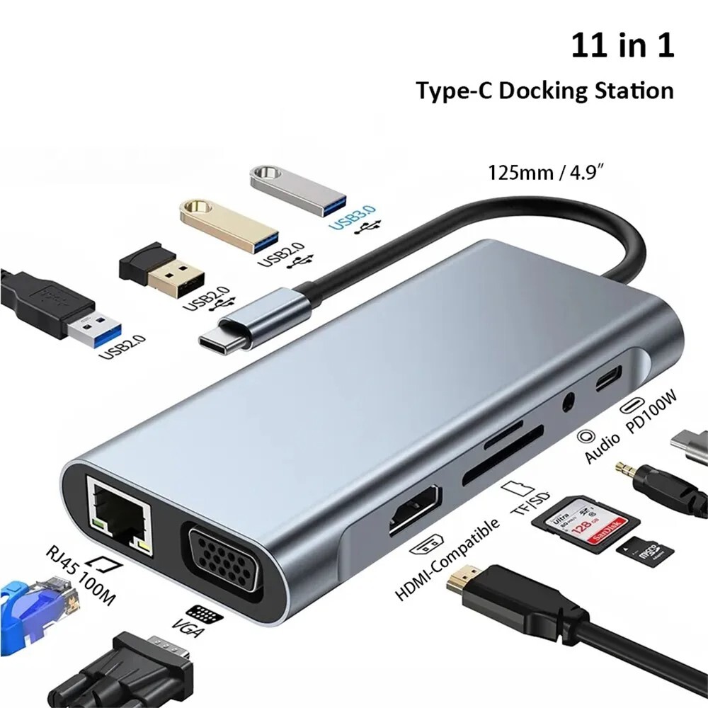 11in1 Type C Hub USB-C To USB 3.0 2.0 HDMI VGA Multi-Hub Dock TF/SD Card Reader