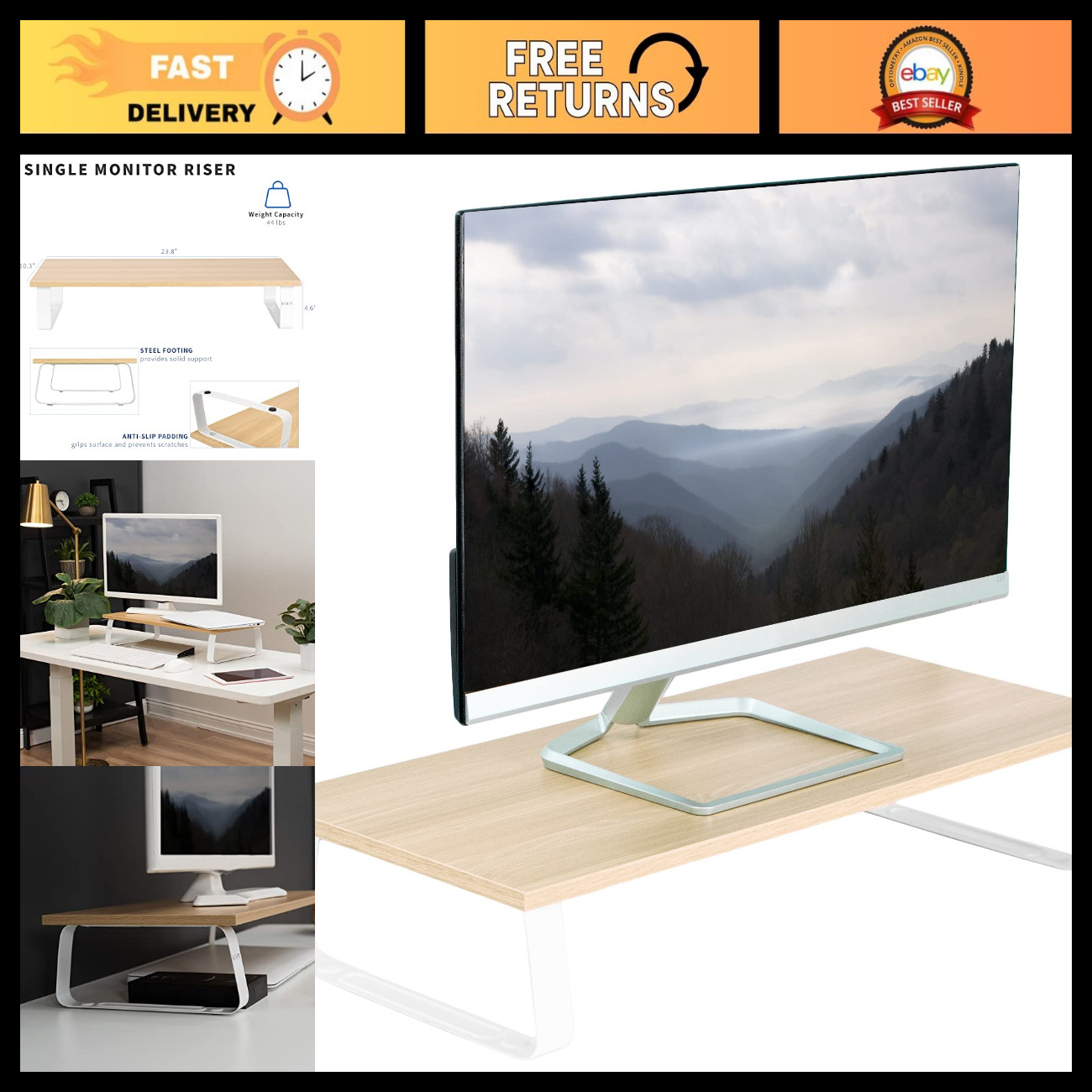 Ergonomic 24" Monitor Stand Riser - Wood & Steel Desktop Organizer for Screen, L