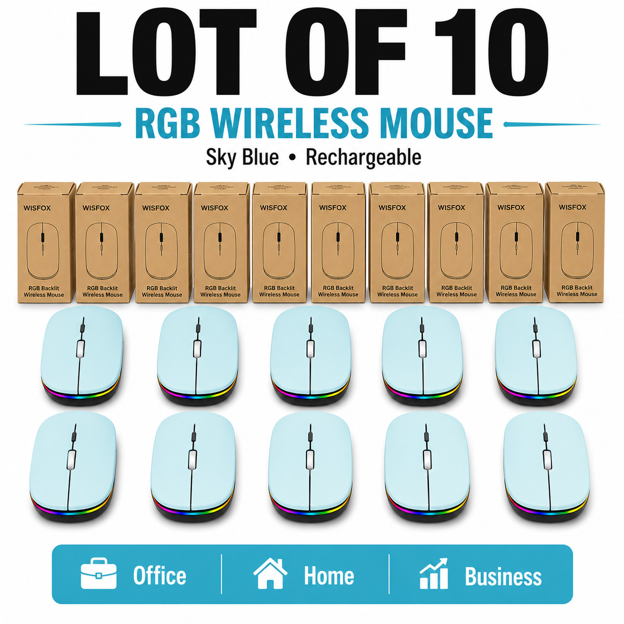 Lot of 10 WISFOX Sky Blue RGB Wireless Mouse Rechargeable 1600 DPI USB