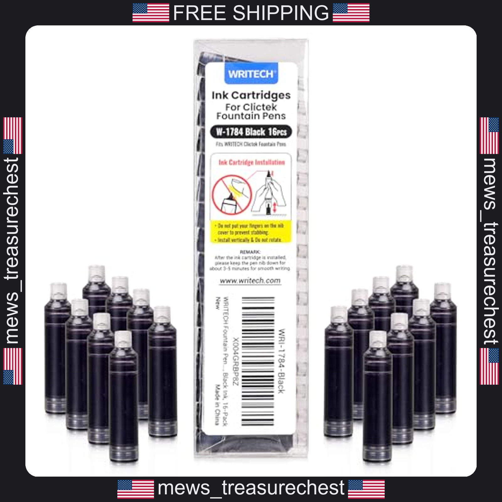 Writech W-1784 Black Ink Cartridges 16 Pack for Clictek Fountain Pens