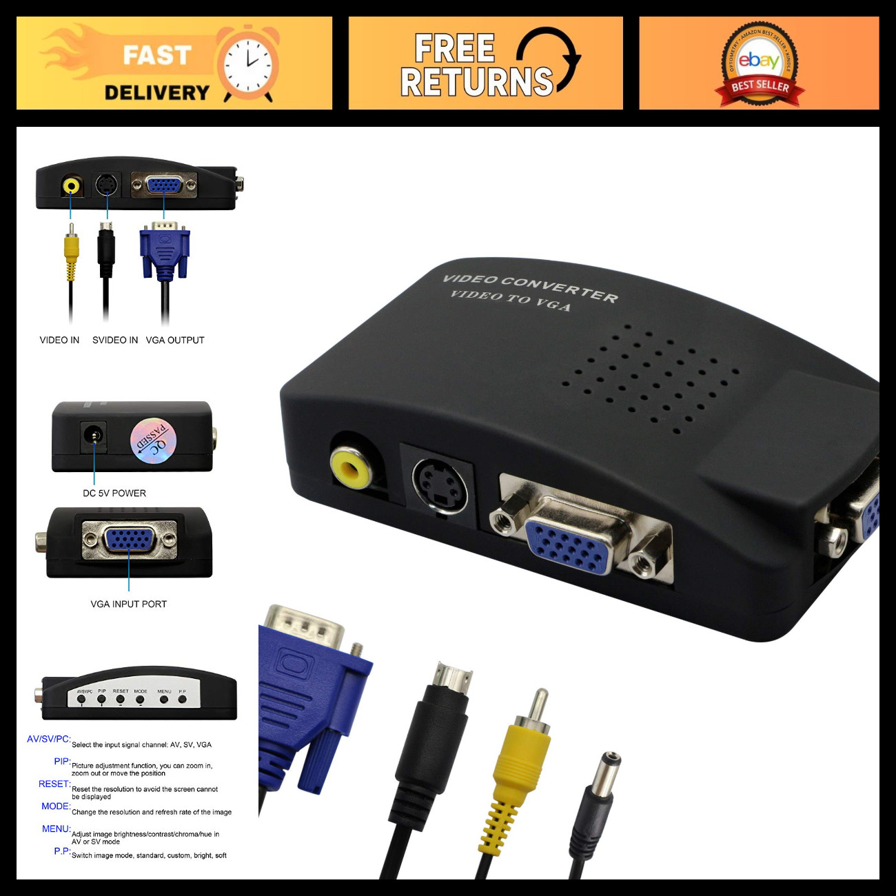 RCA to VGA Adapter, Composite AV S-Video to VGA Converter for HDTV, Monitors, La