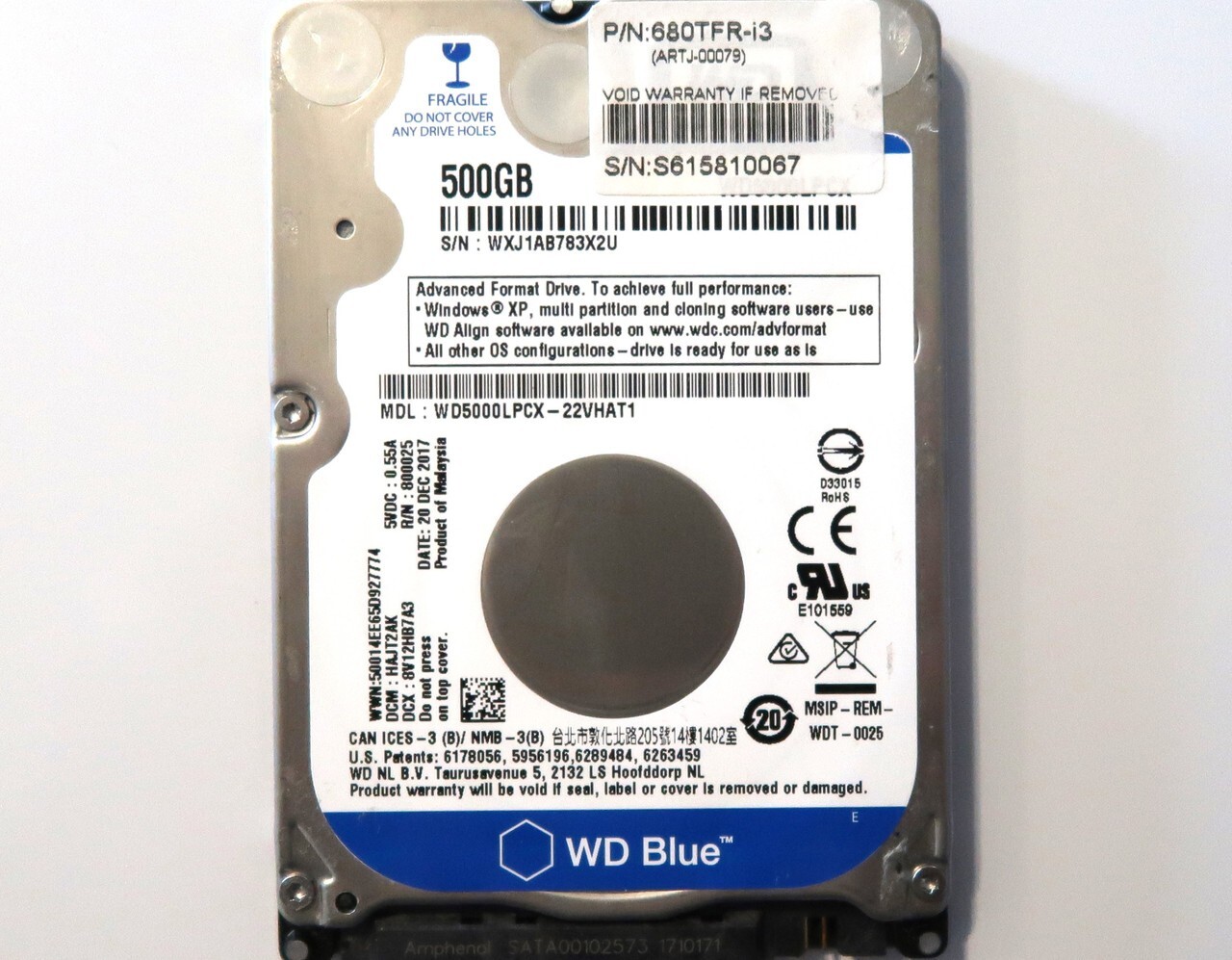 WD5000LPCX-22VHAT1 HAJT2AK (WXJ1) 500gb 2.5" Sata hard drive Malaysia 20DEC2017