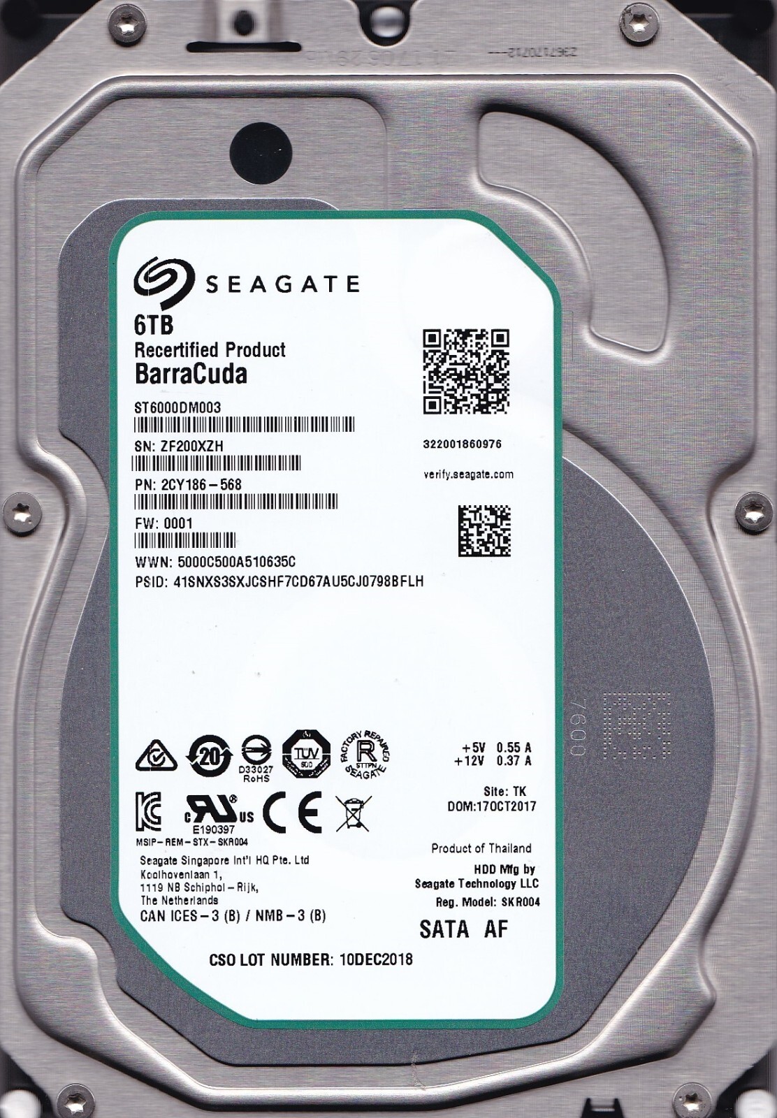ST6000DM003 p/n: 2CY186-568 s/n: ZF2 f/w: 0001 TK OCT 2017 6TB SATA 3.5" SEAGATE