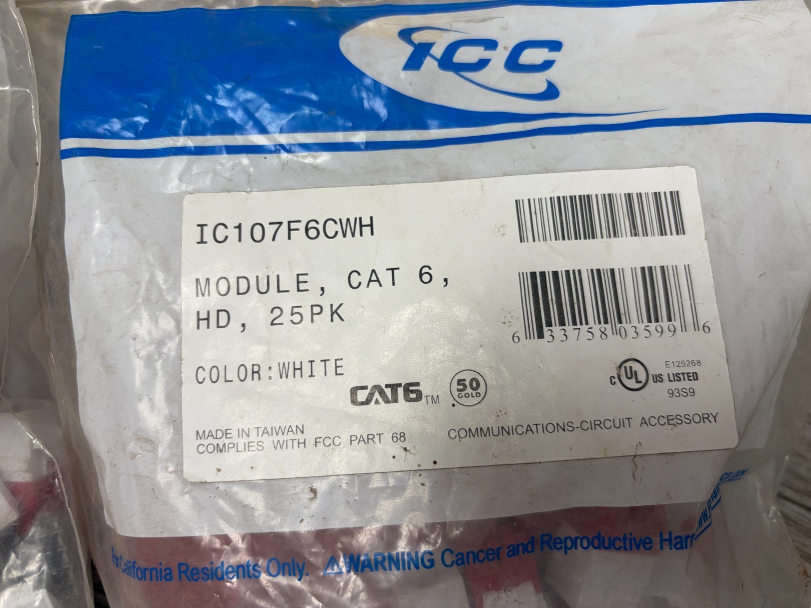 ICC IC107F6CWH Connectors (25qty), 2 packages