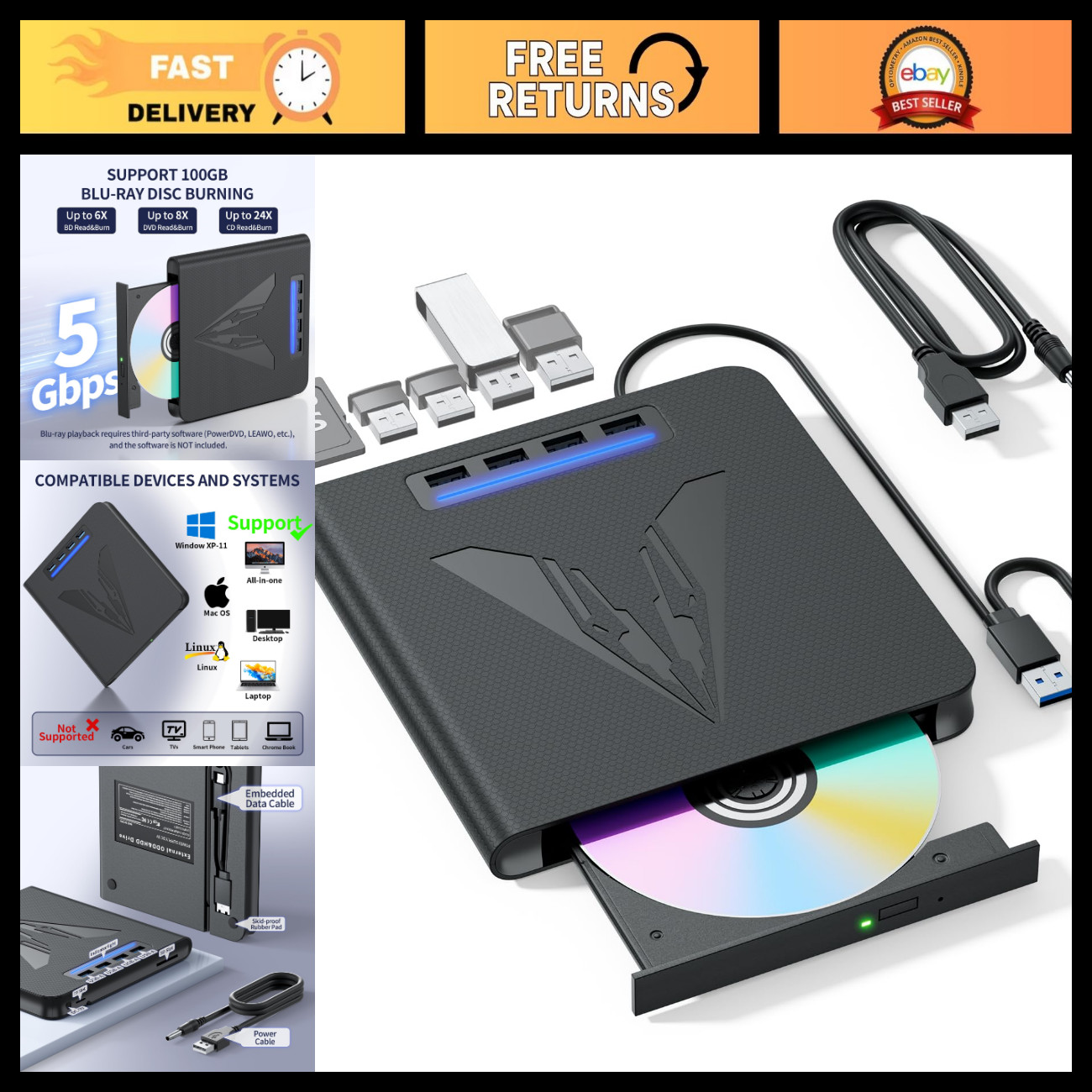 7-in-1 Portable Blu-ray Drive & Burner for PC/Laptop, USB 3.0, SD/TF Reader, 100