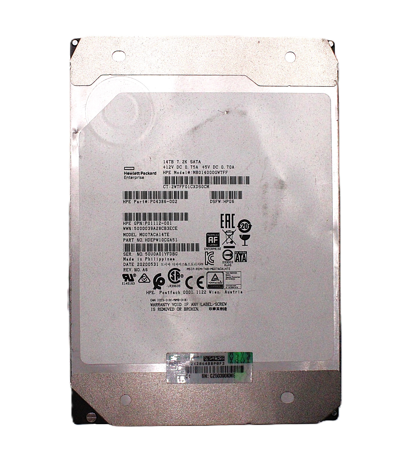HPE 14TB MB014000GWTFF | P04386-002 | 7.2K SATA +12V DC