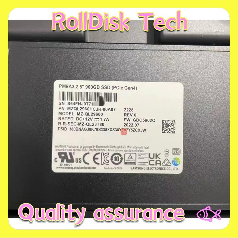 New Samsung PM9A3 960GB 2.5” SSD U.2 PCle 4.0 X4 MZQL2960HCJR-00A07、00BAL