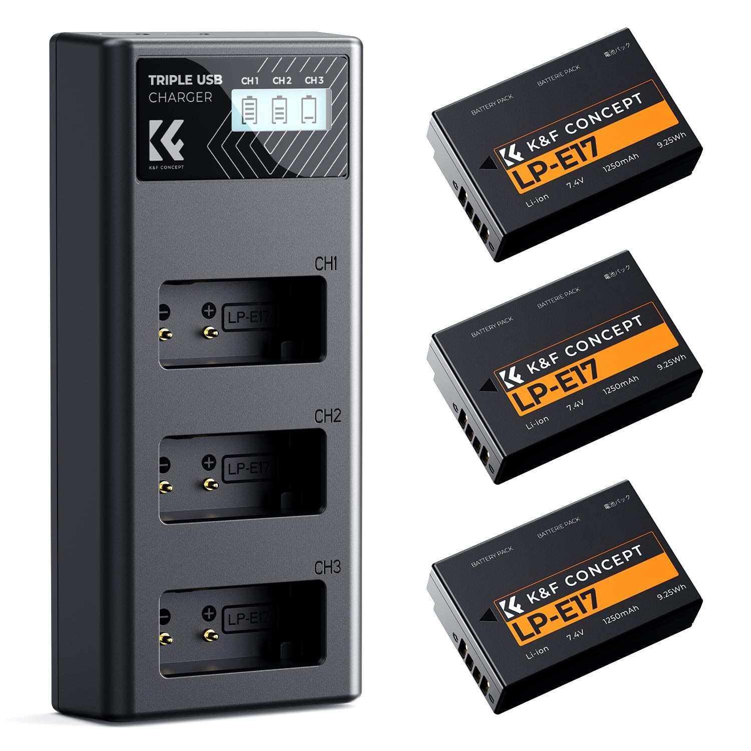 K&F CONCEPT 3-Pack LP-E17 Battery and Upgraded 3-Slot LCD Charger Compatible ...