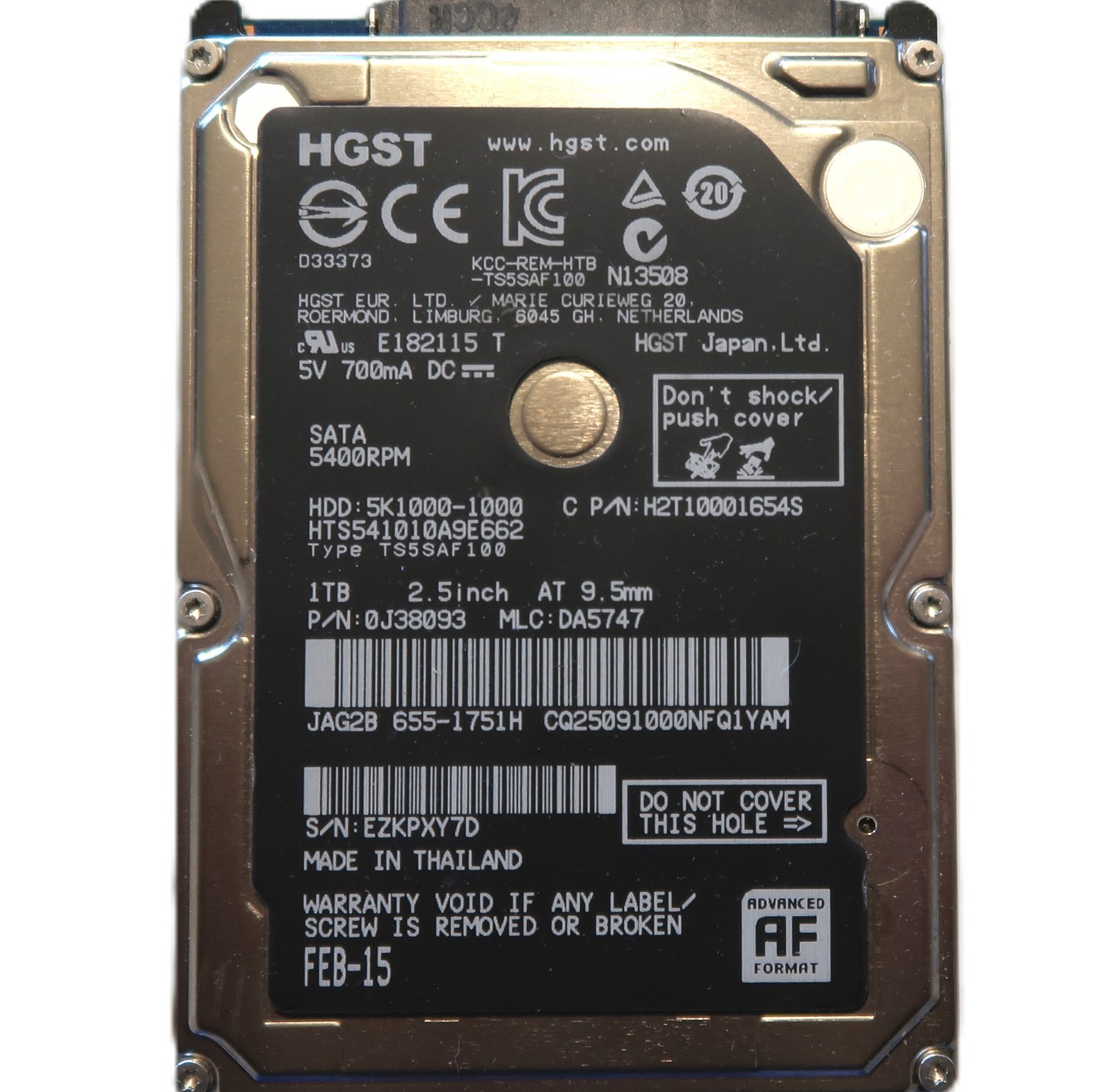 HTS541010A9E662 PN: 0J38093 MLC:DA5747 (EZK) Thailand 2.5" 1000gb Sata FEB-15