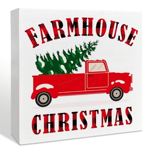 Christmas Decor Wooden Box Sign, Christmas Truck Tree Table Decor Holiday J