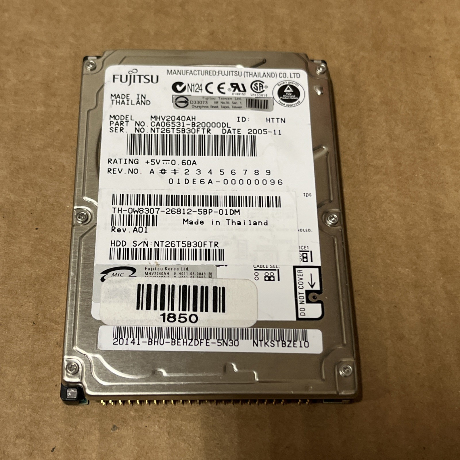 Fujitsu MHV2040AH 40 GB IDE PATA 5400 RPM 2.5" Hard Drive For Laptop Computer