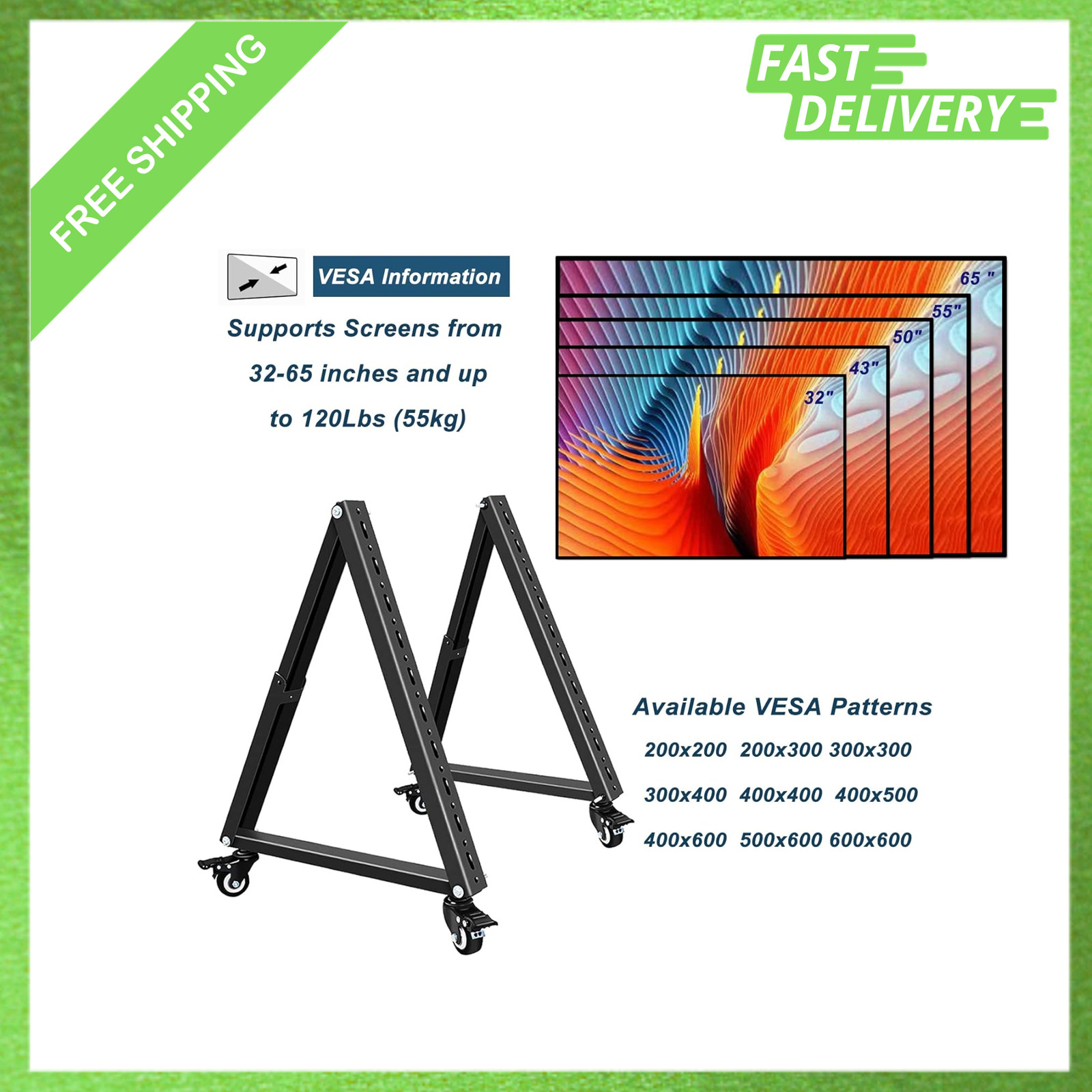 Low Profile TV Stand, Mobile Monitor Floor Cart, Rolling TV Mount with Wheels