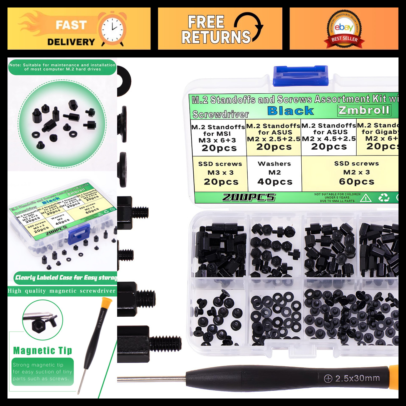 200Pcs M.2 Screw Kit - Black SSD Mounting Screws for NVMe Laptops & Motherboards