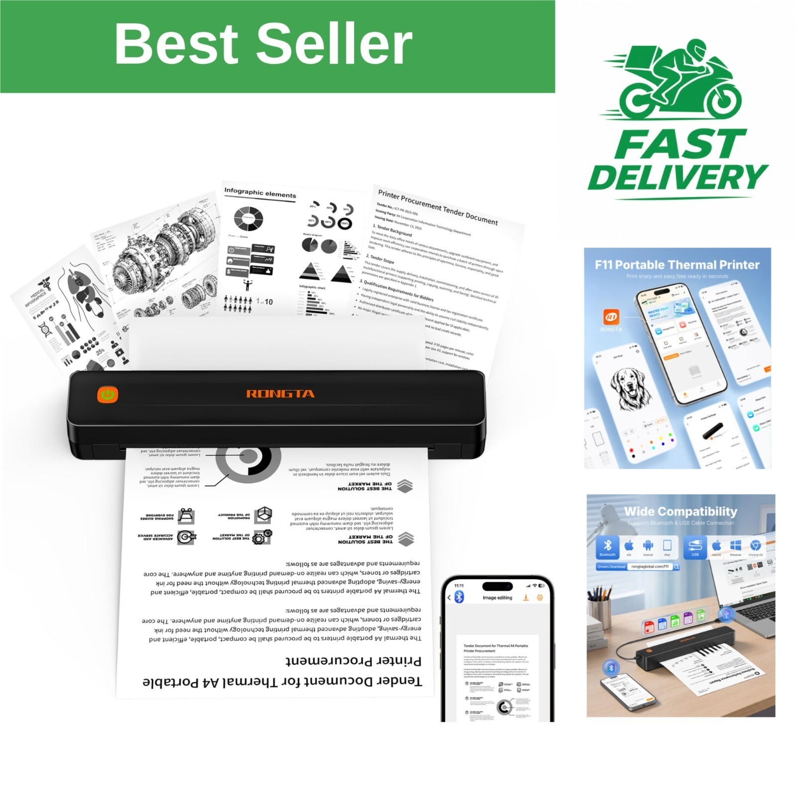 Rongta F11A Portable Thermal Printer Wireless Bluetooth - Inkless Monochrome