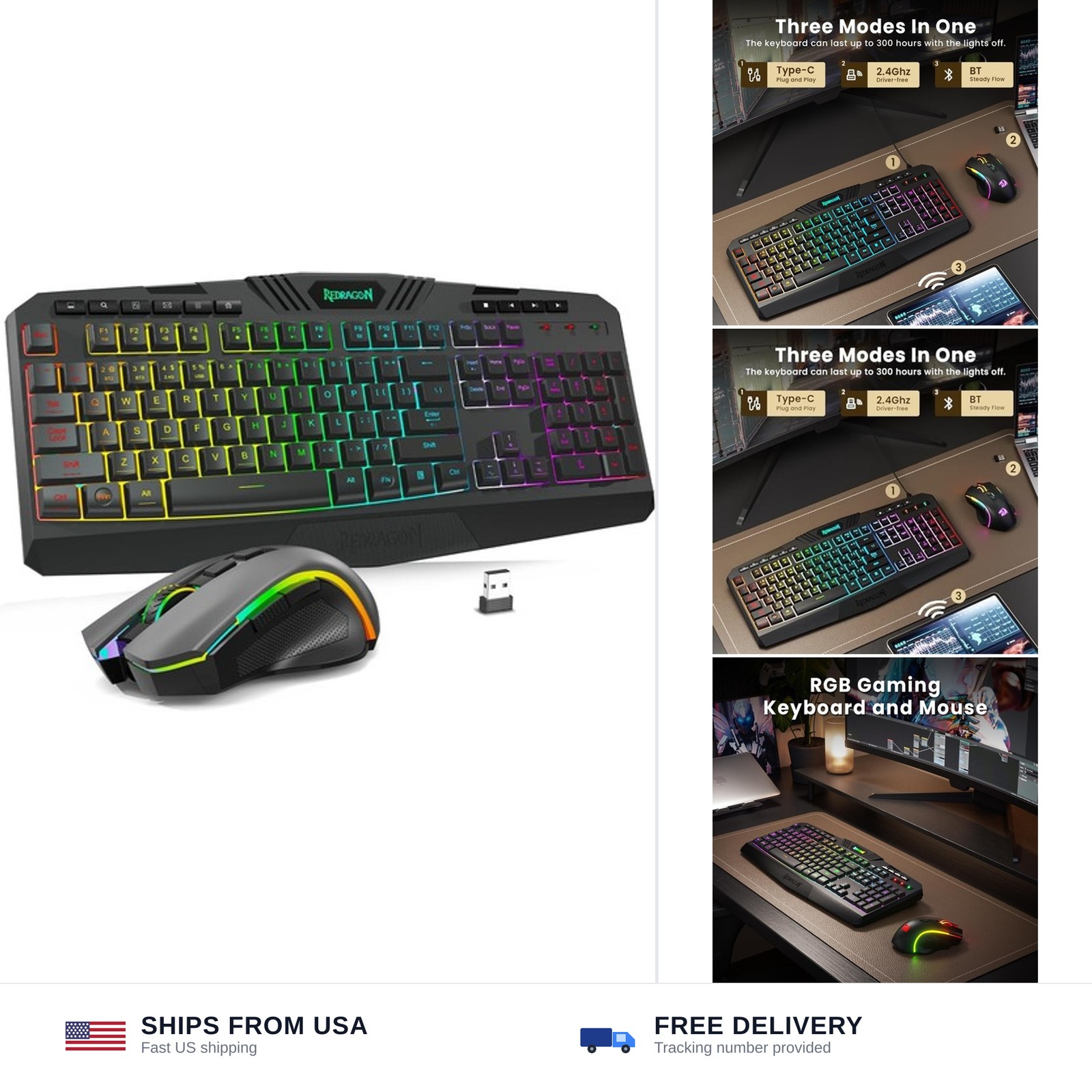 Redragon S101M-KS Gaming Keyboard and Mouse Wireless with Tri-Mode, RGB Keybo...