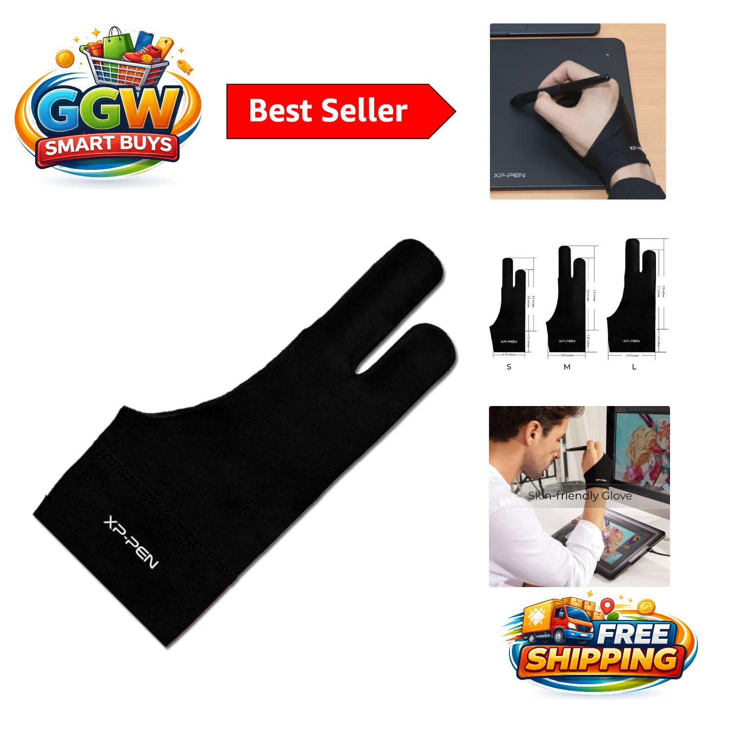 XPPen Professional 2-Finger Artist Glove - Size S Black for Digital Drawing