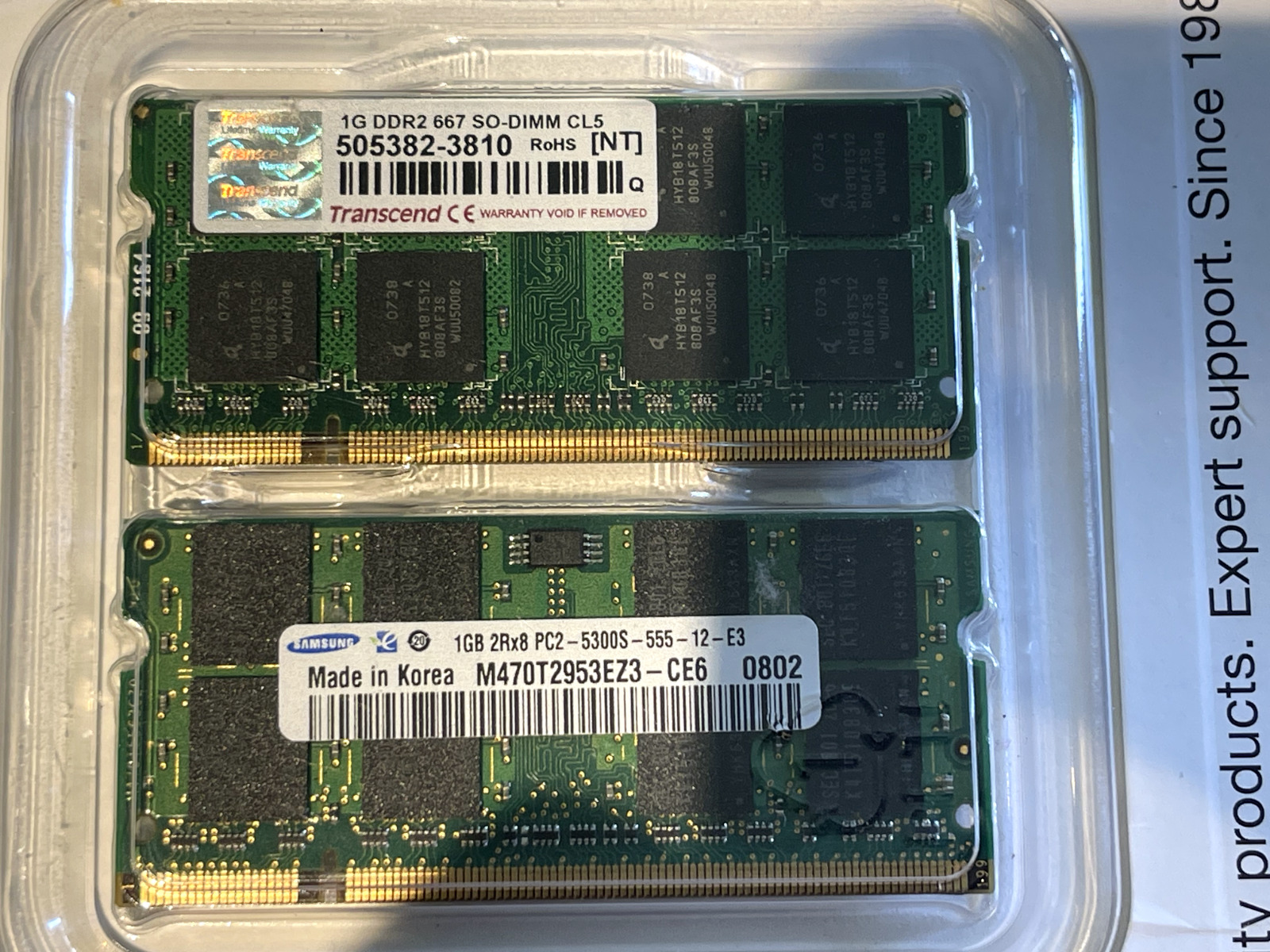 2x 1G DDR2 667 SO-DIMM CL5, Transcend and Samsung, located in USA, working