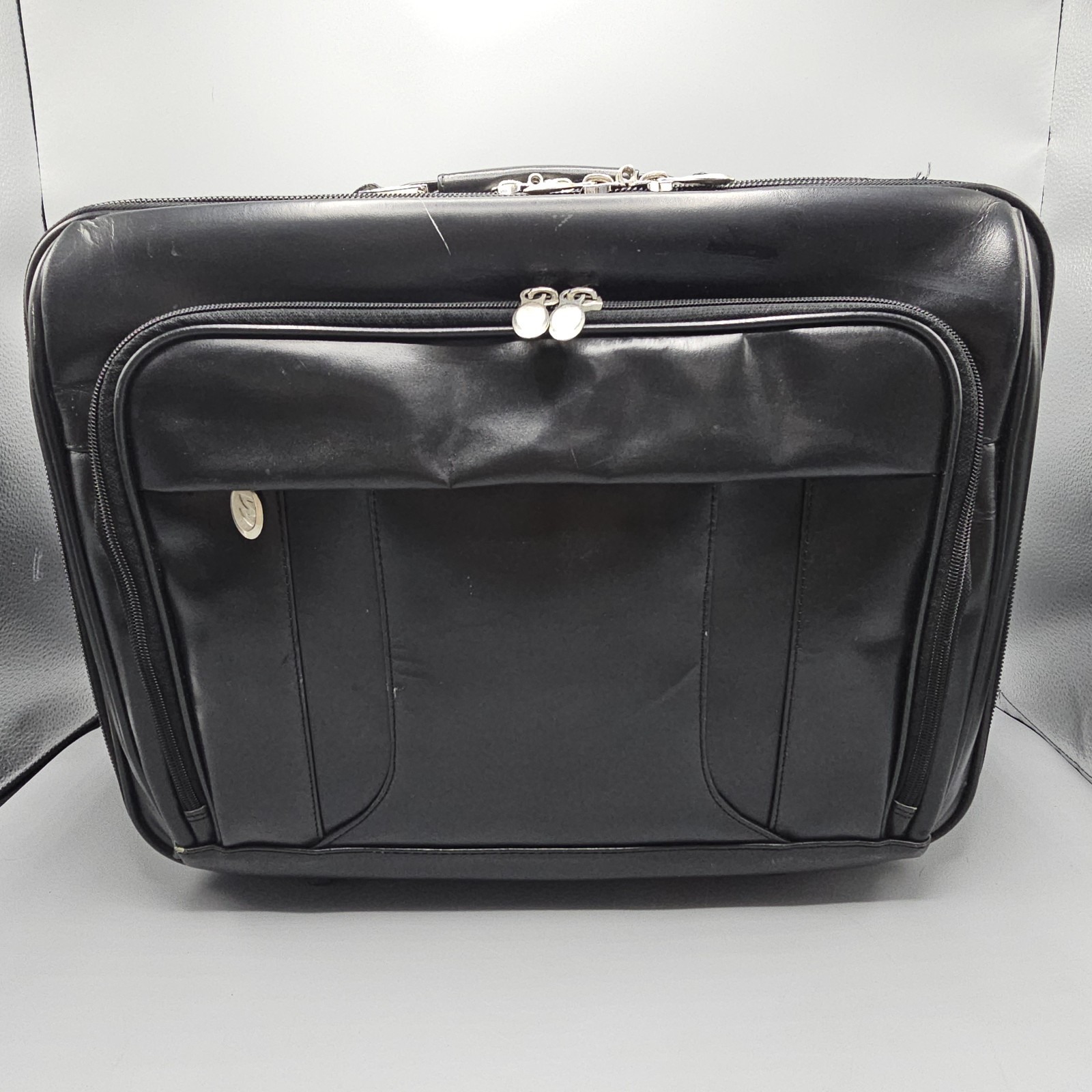 McKlein Black Leather Rolling Luggage Laptop Briefcase Expandable Handle 18" 