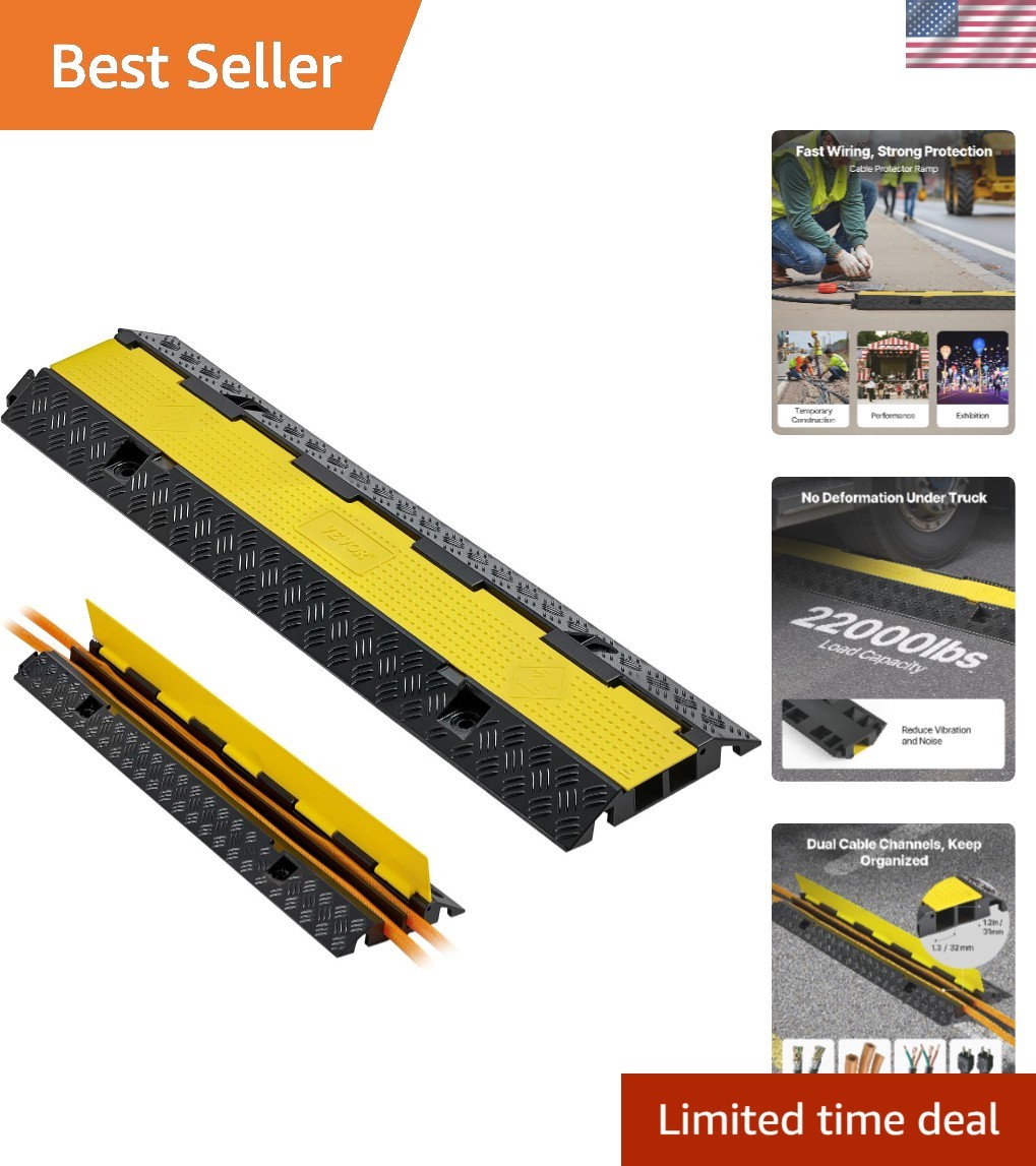 Cable Protector Ramp, 2 Channel Rubber Cord Hose Wire Cover, 1.3 x 1.2 in Cha...
