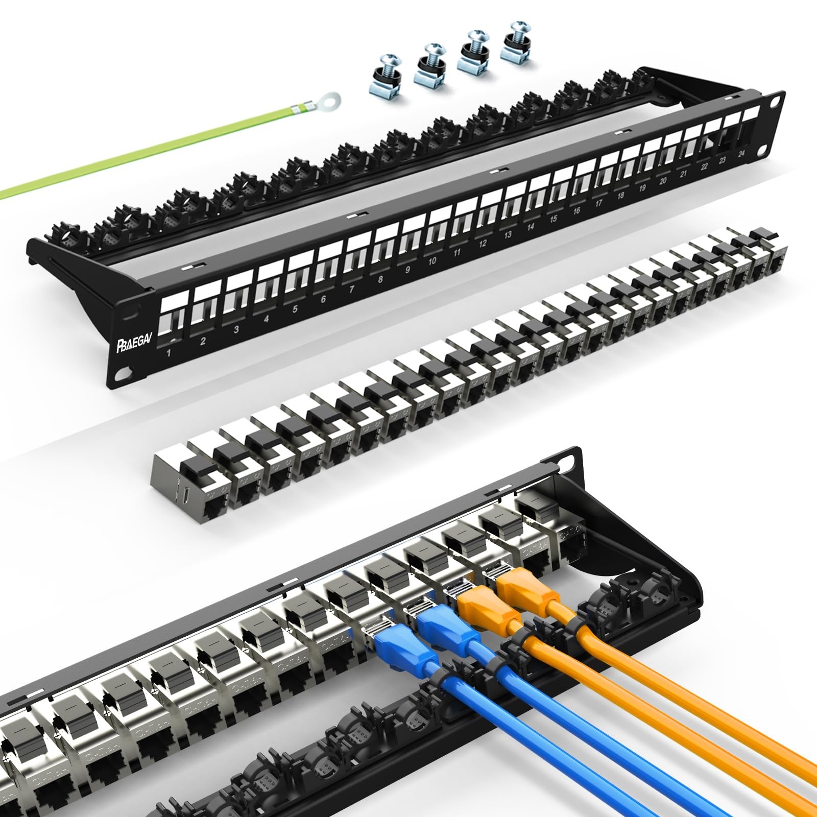 PBAEGAV Patch Panel 24 Port with 24 Pcs Cat6A Keystone Jack 1U24Port, black