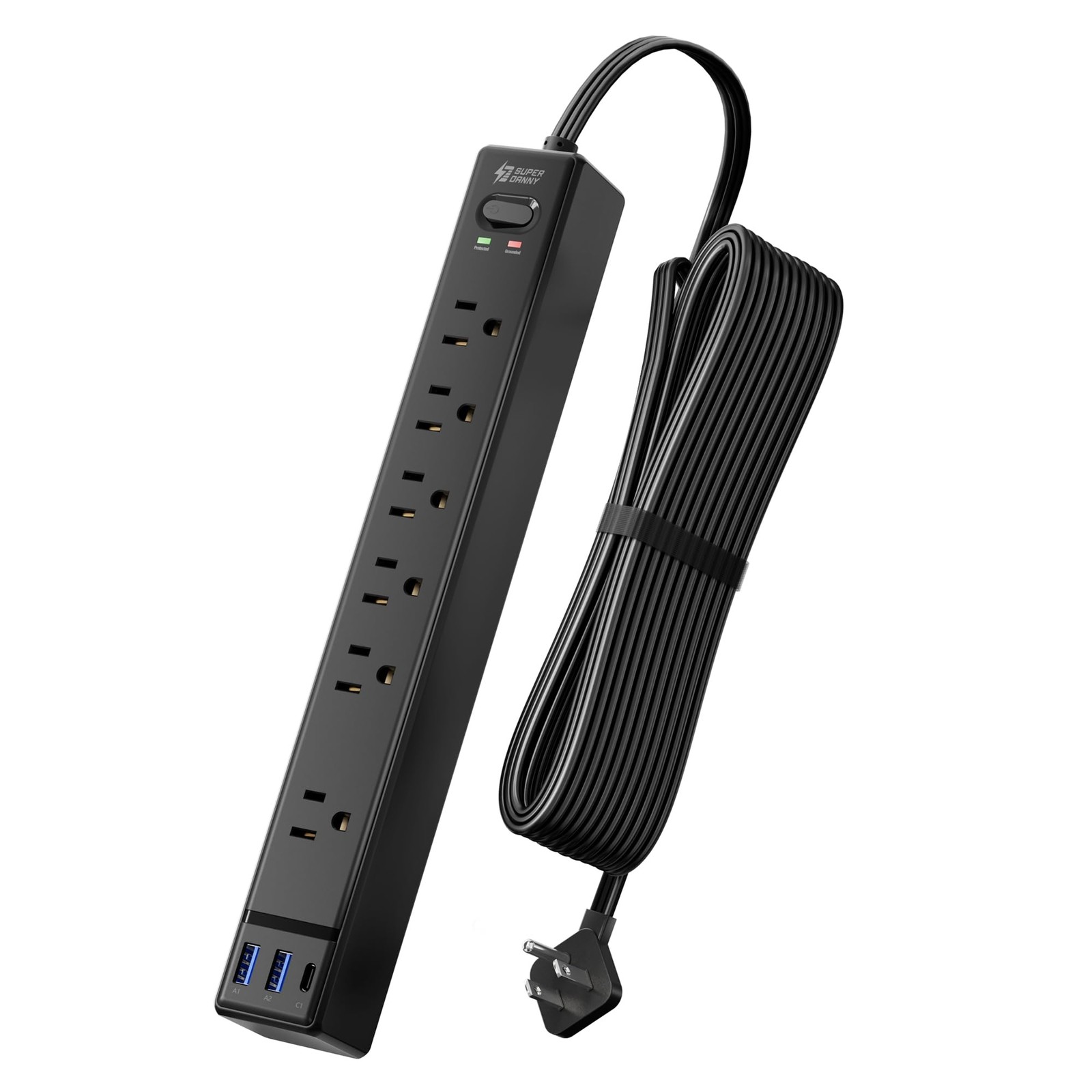 Power Strip Surge Protector 10ft Flat Plug 6 AC 2 USB-A 1 USB-C Black