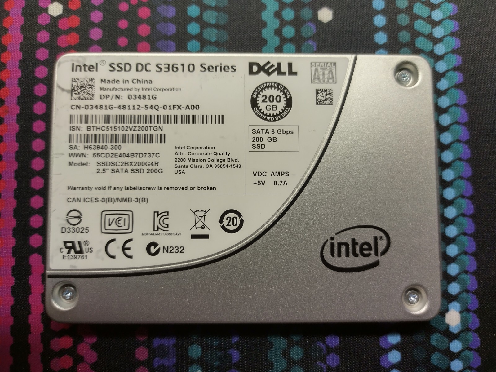 3481G 03481G DELL S3610 Series 200GB 6Gb/s 2.5" MLC SATA SSD SSDSC2BX200G4R