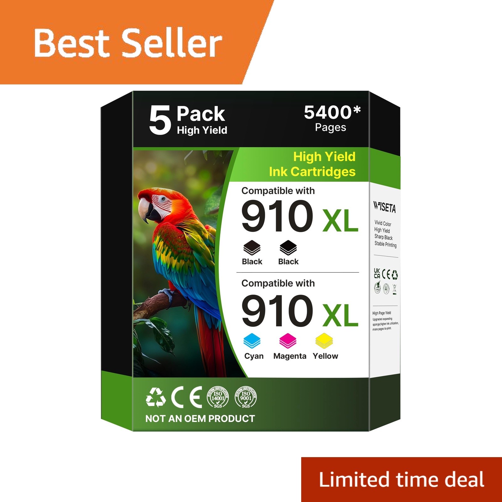 Wiseta 910XL Ink Cartridges Black Color 5 Pack HP 910XL HP8020 HP8010