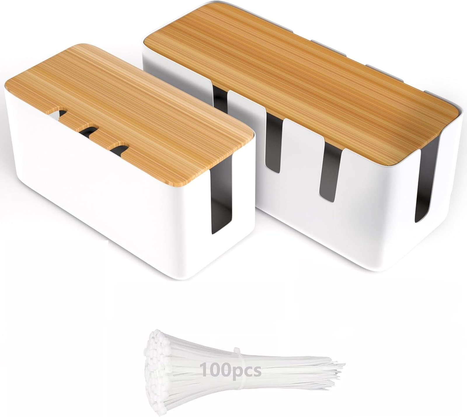 Cable Management Box Set with Wooden Lids and 100 Cable Ties Large Small Cord