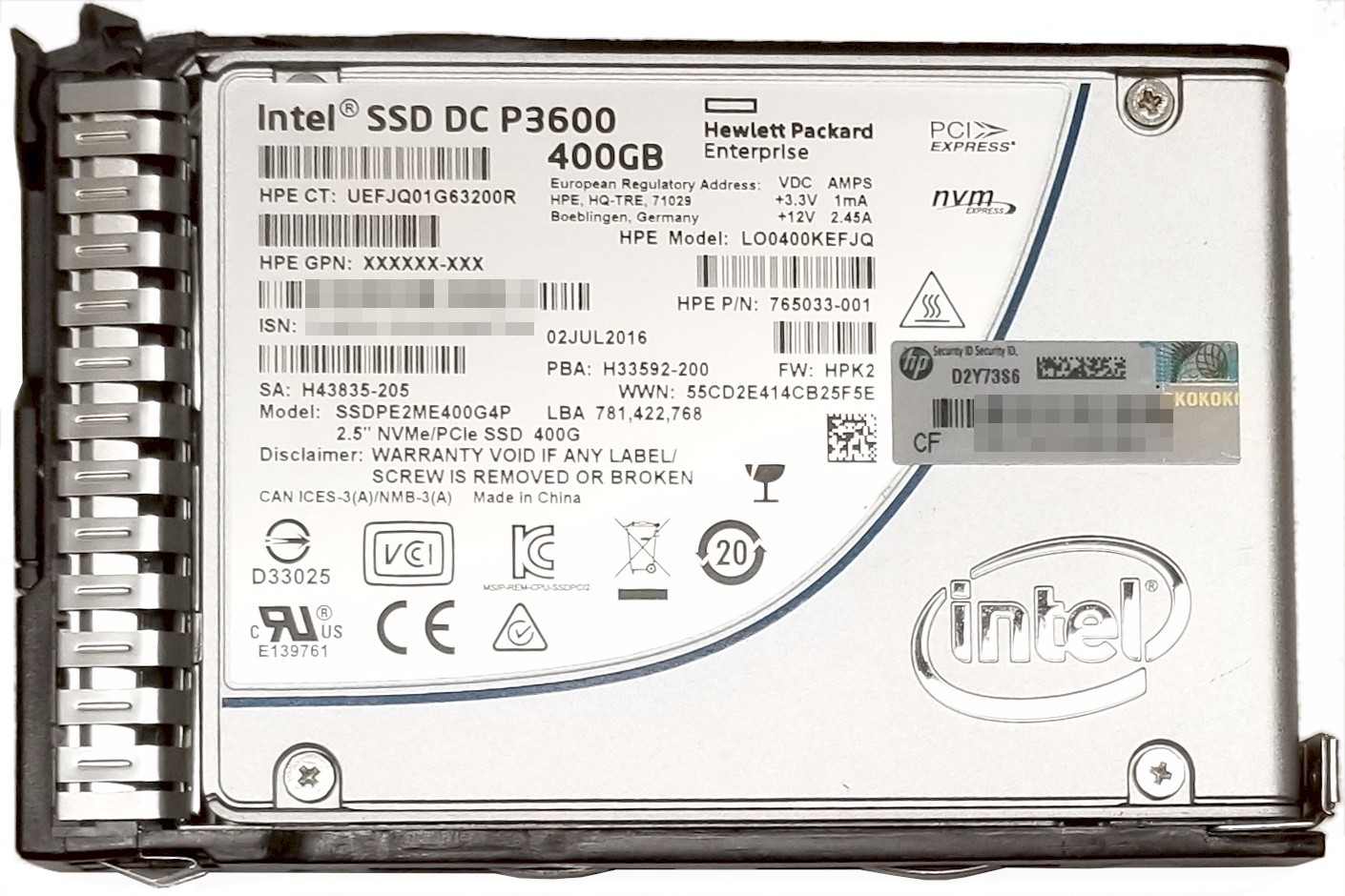 HPE / Intel P3600 400GB NVMe PCIe MIxed Use 2.5" SFF SC2 SSD 0% Used 765034-B21