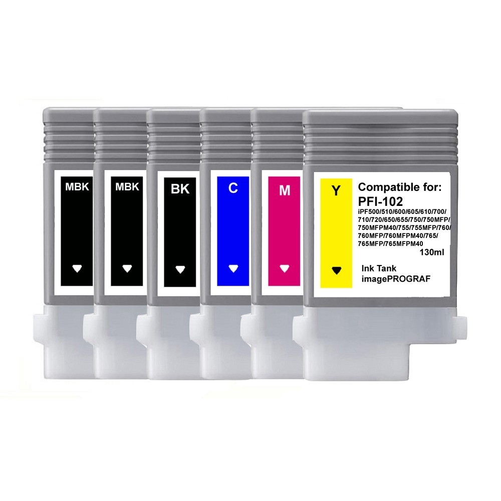 6 Pk of PFI-102  Ink Tank for Canon iPF 500/510/600/605/610/650/655/700/710/720