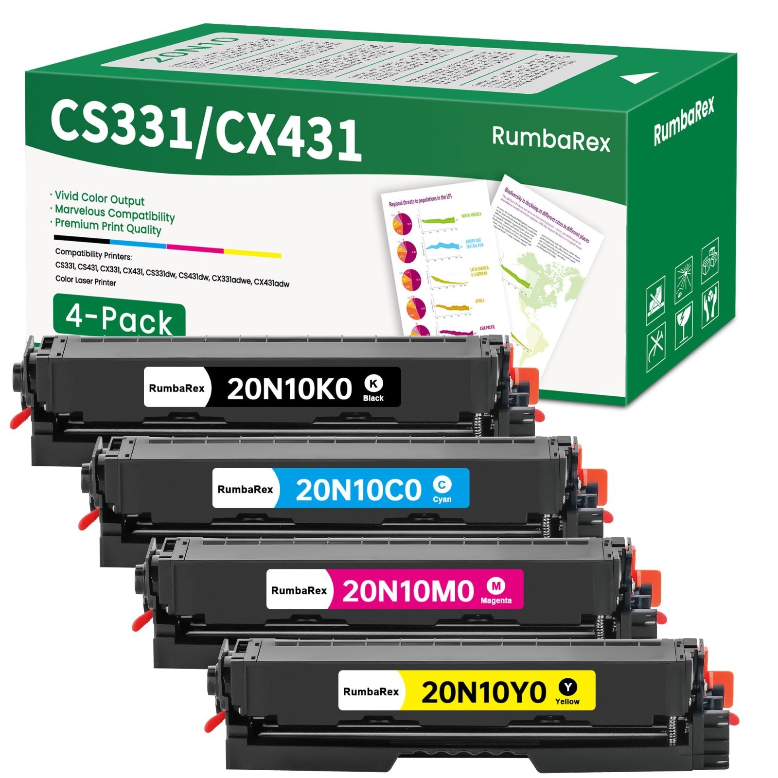 RumbaRex CS331 CX331 CS431 CX431 Toner Cartridges Set 4-Color CMYK 20N10 Lexmark