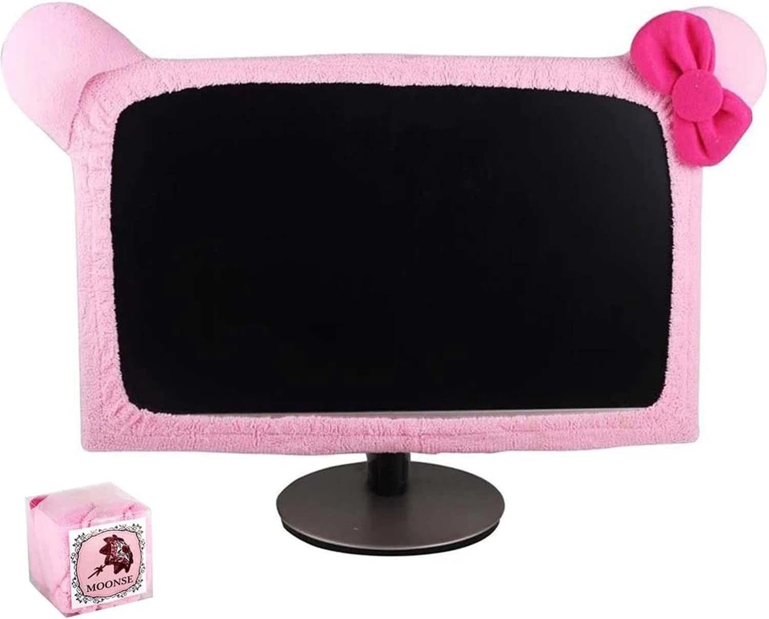 1 Pcs Cute Cat Ear Computer Monitor Cover, Kawaii Pink Dustproof Screen Protecto