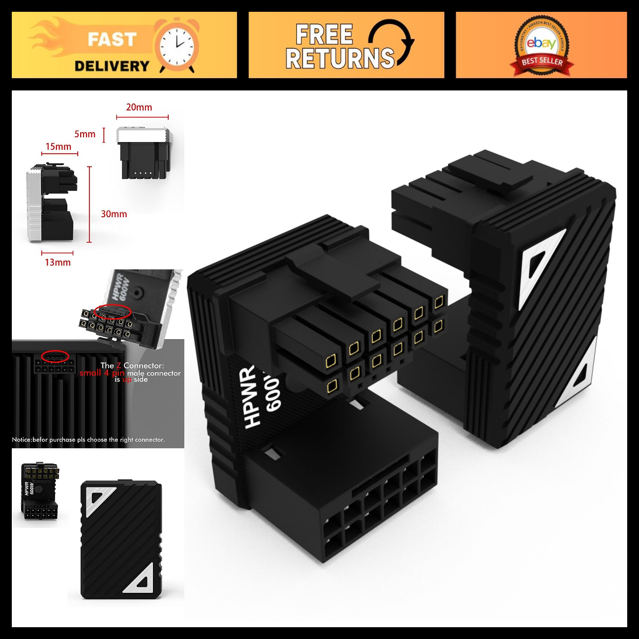 12V HPWR 12+4 Pin Angled Connector Adapter, 180 Degree Power Cable Extension