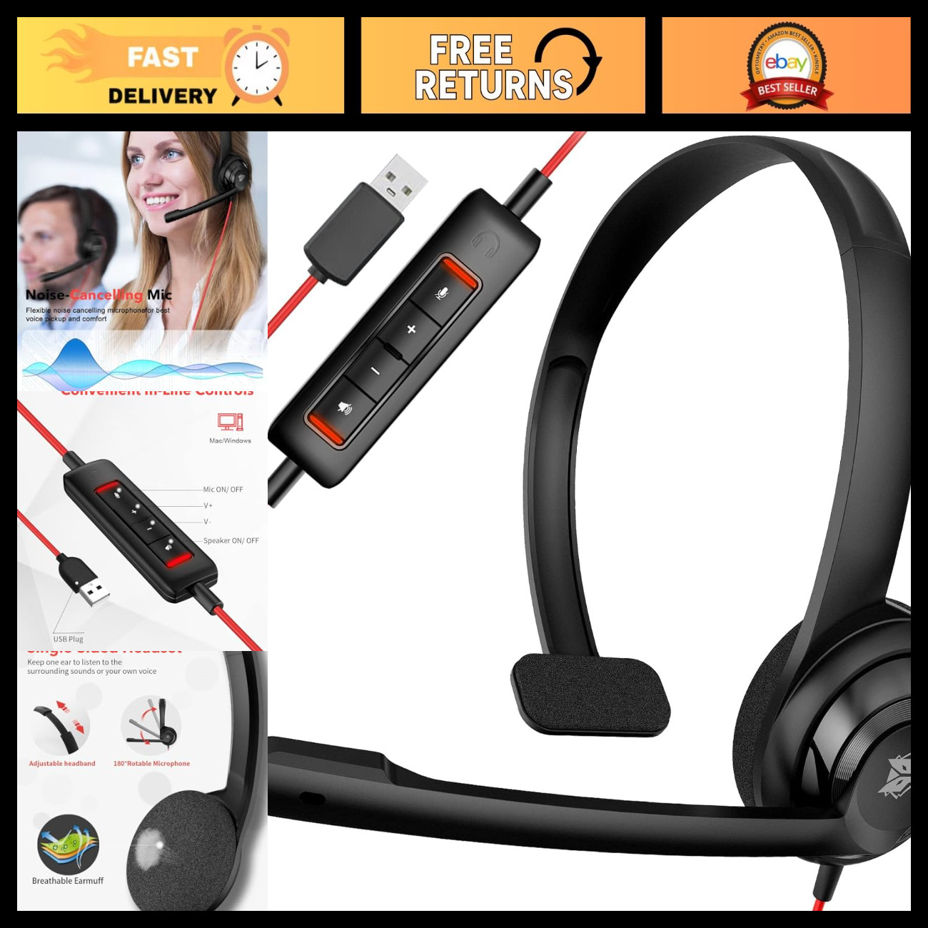 USB Headset with Microphone, Noise Cancelling, In-Line Control, Comfort for PC/L